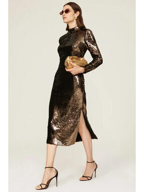 Ted Baker Brooklyn Sequin Mock Neck Prom Dress Brown Evening Gown sz US 4